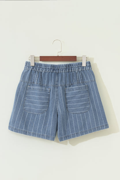 Sky Blue Stripe Drawstring Button Pleated High Waist Denim Shorts