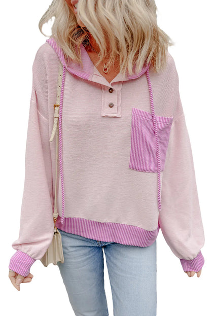 Light Pink Corded Colorblock Patch Pocket Drawstring Hoodie - Chic Meadow Boutique 