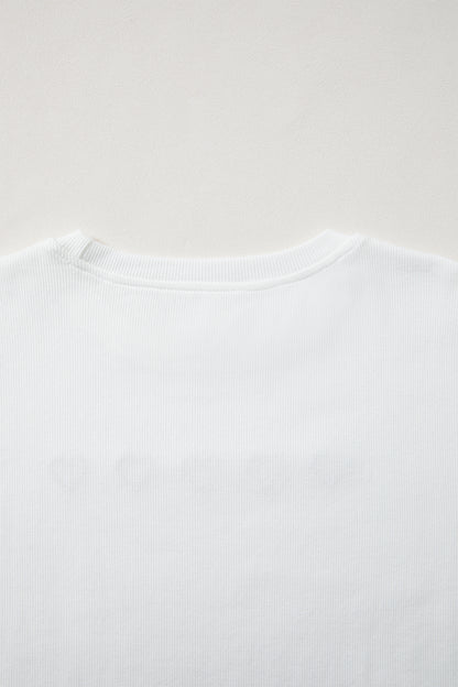White 3d Ribbed XOXO Heart Embroidered Drop Shoulder Sweatshirt
