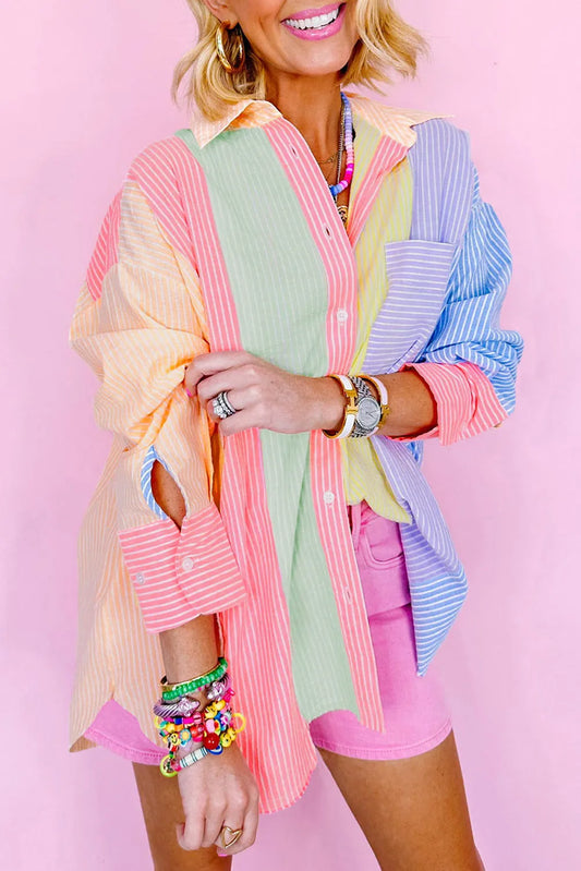 Pink Stripe Color Block Chest Pocket Oversized Shirt - Chic Meadow Boutique 