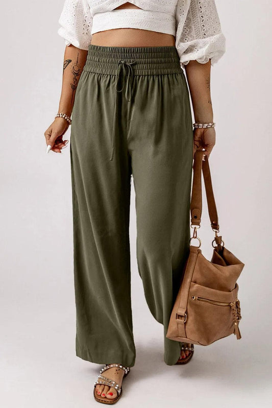 Bottoms/Pants & Culotte Green / S / 65%Viscose+35%Polyester Green Brown Drawstring Elastic Waist Casual Wide Leg Pants