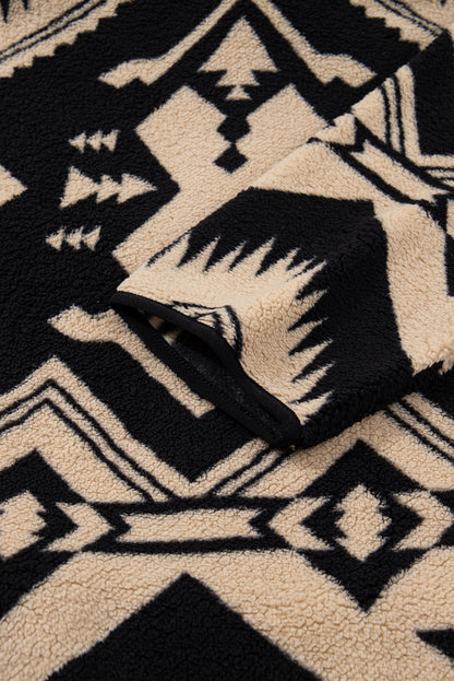 Black Plus Size Western Aztec Pattern Half Button Collared Plush Sweatshirt