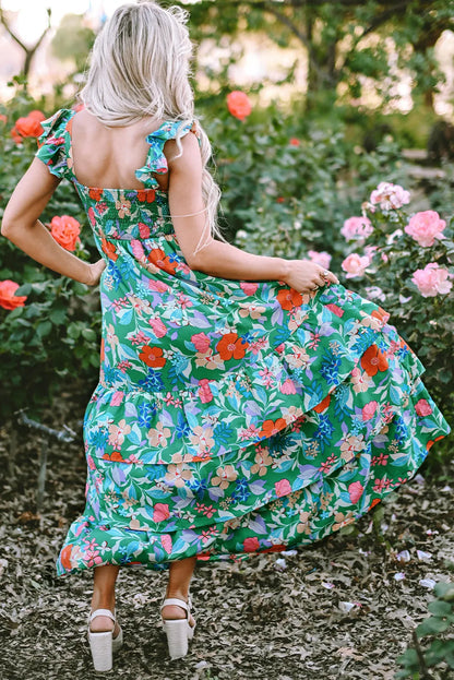 Green Floral Print Sleeveless Ruffle Tiered Maxi Dress - Chic Meadow Boutique 