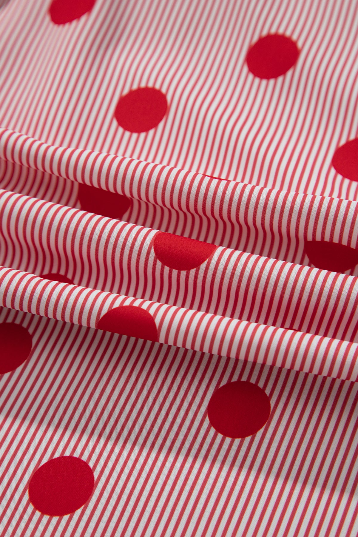 Fiery Red Polka Dot Striped Print Ruffle Stand Neck 3/4 Sleeve Shift Shirt