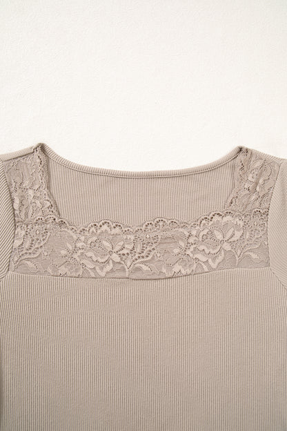 DUNE Solid Color Ribbed Lace Neck Long Sleeve Top
