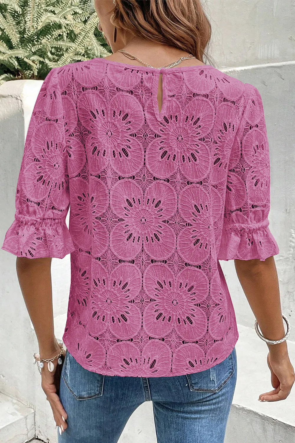 Bright Pink Flower Eyelet Jacquard Keyhole Flounce Sleeve Top - Chic Meadow Boutique 