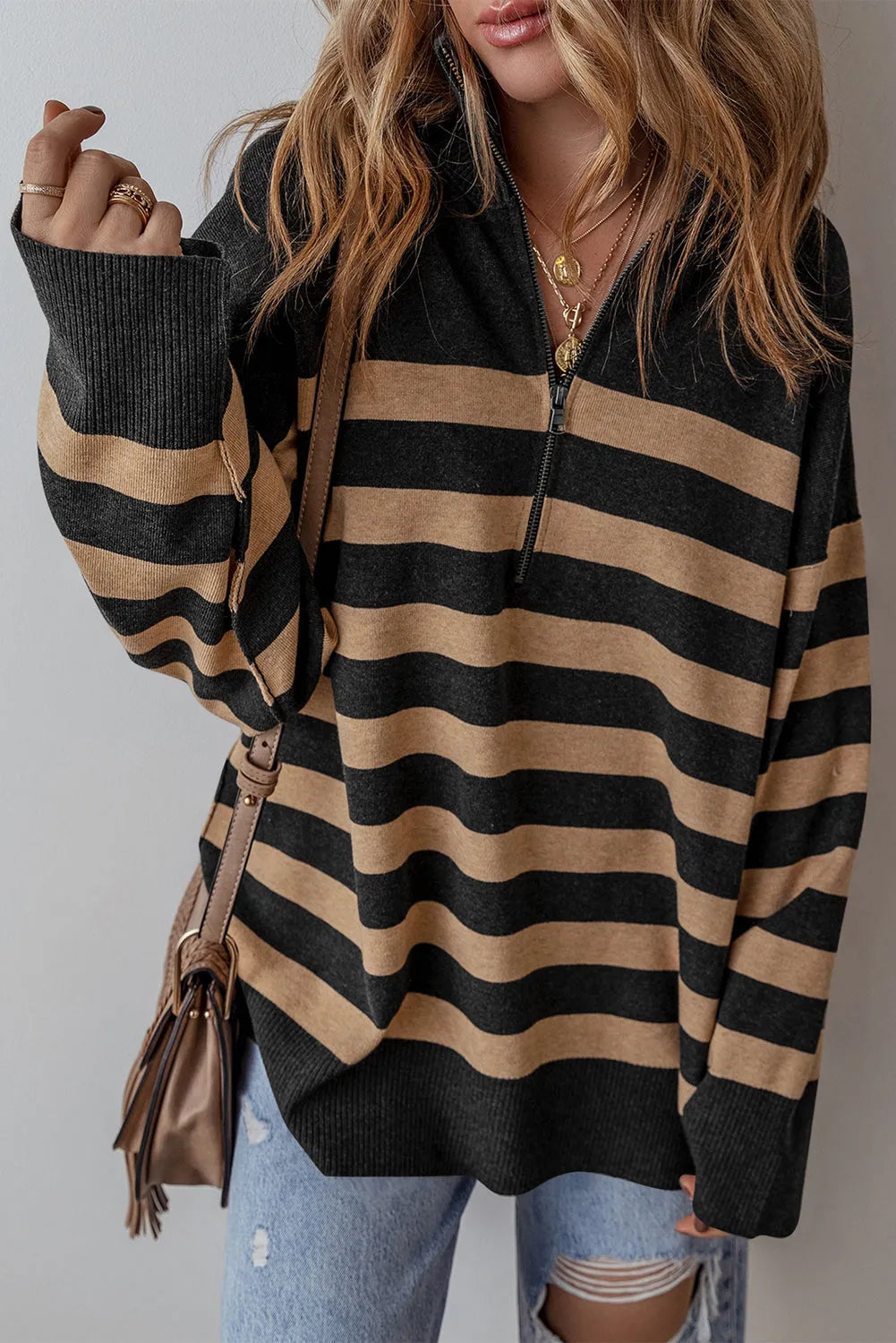 Black Stripe Collared Quarter Zipper Oversized Sweater - Chic Meadow Boutique 