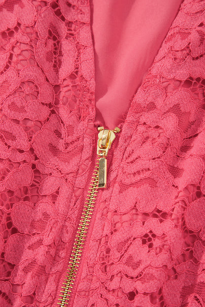 Coral Floral Lace Overlay Zip Up V Neck Smocked Waist Sleeveless Dress