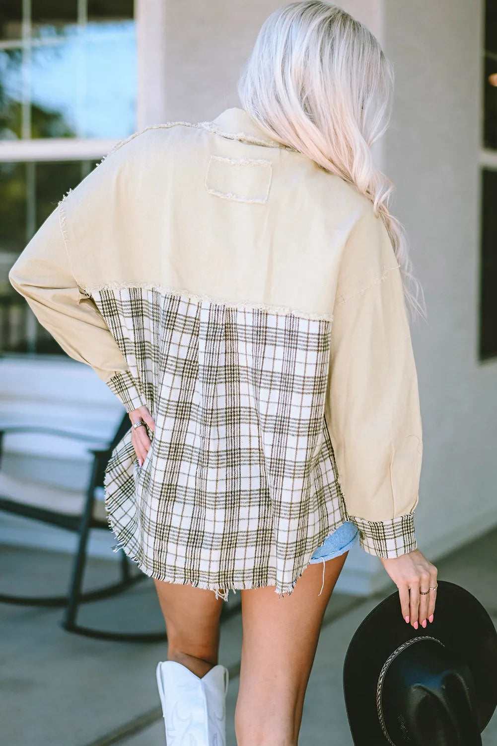 Khaki Distressed Raw Edge Plaid Patchwork Denim Jacket - Chic Meadow Boutique 