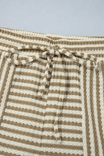 Brown Stripe Textured Knit Long Sleeve Top Elastic Waist Shorts Casual Outfit