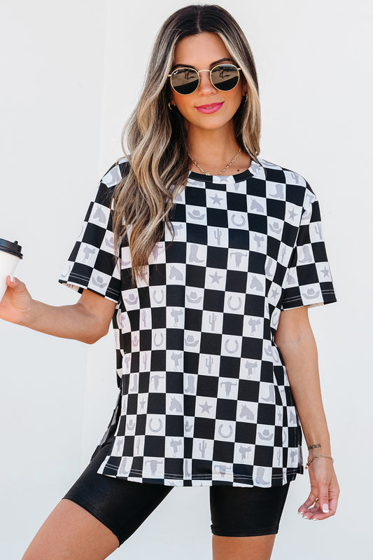 Black Western Fashion Checkerboard Print Side Split T Shirt