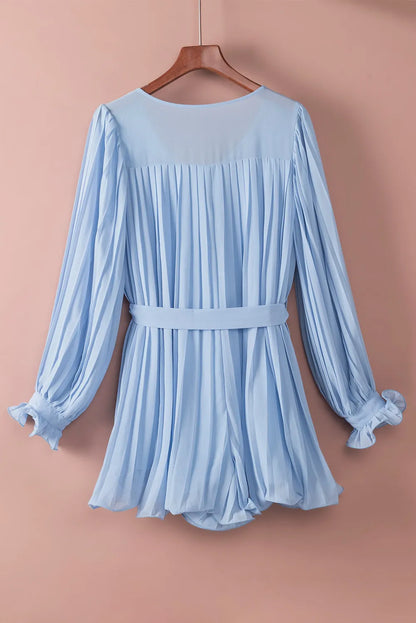 Sky Blue Pleated Ruffled Tie Waist Buttons V Neck Romper - Chic Meadow Boutique 