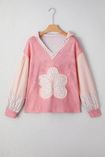 Pink Floral Patched Waffle Textured Colorblock V Neck Casual Hooded Top