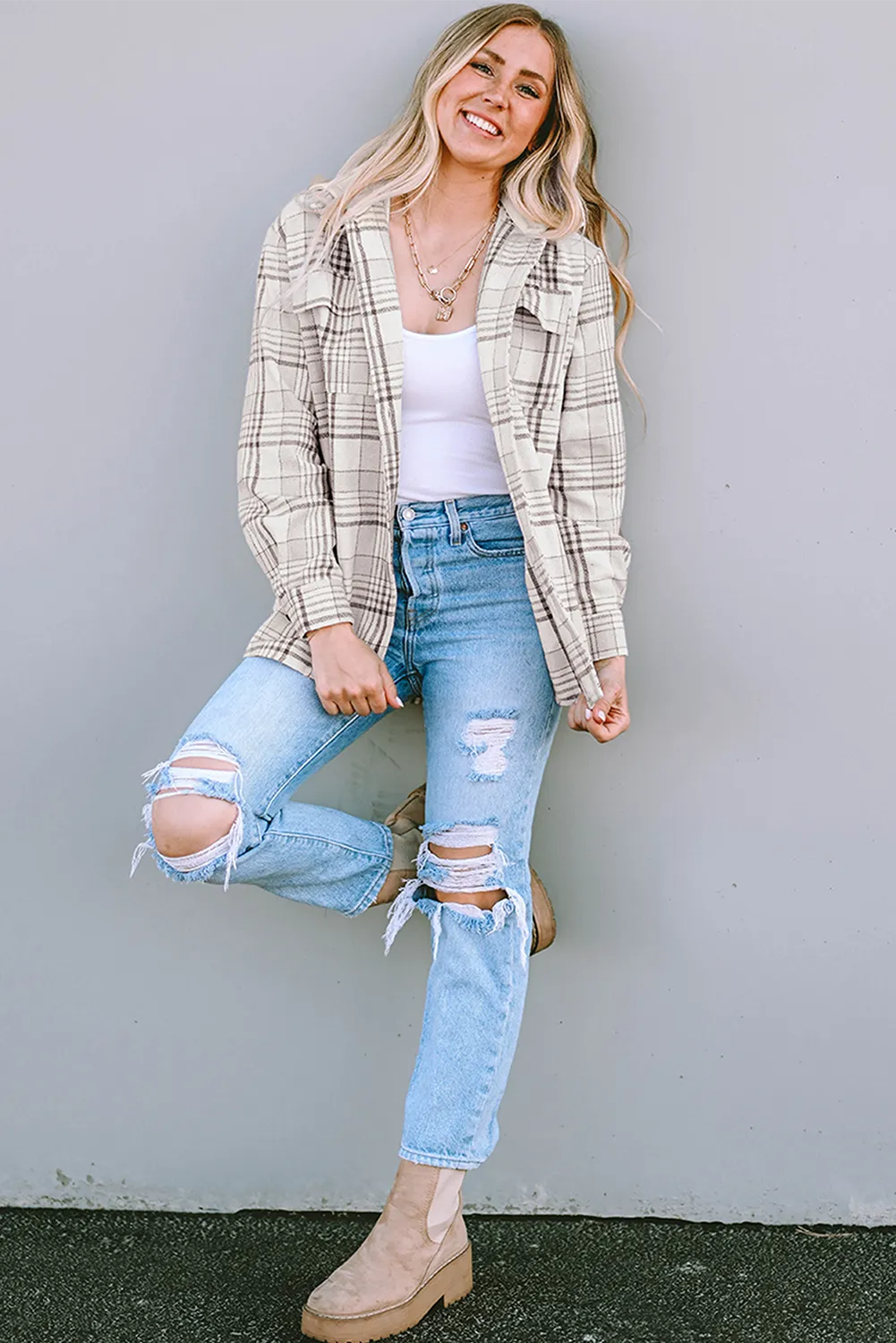 Khaki Plaid Removable Hood Buttoned Shacket - Chic Meadow Boutique 