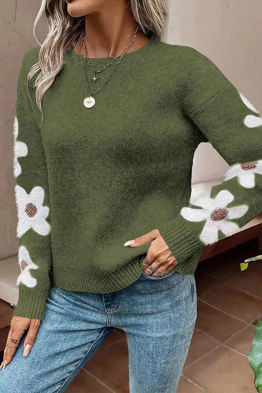 Moss Green Flower Sleeve Drop Shoulder Sweater - Chic Meadow Boutique 