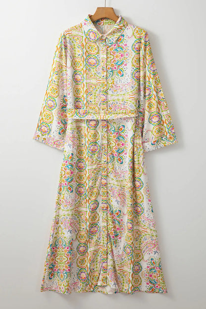 White Paisley Print Buttoned Knotted High Waist Midi Dress - Chic Meadow Boutique 