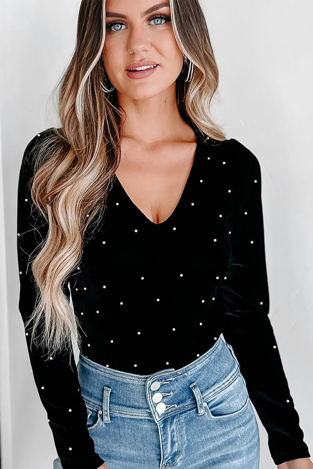 Black Velvet Beaded Long Sleeve V Neck Bodysuit - Chic Meadow Boutique 