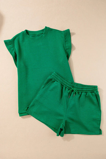 Dark Green Textured Ruffle Split Top and Drawstring Shorts - Chic Meadow Boutique 