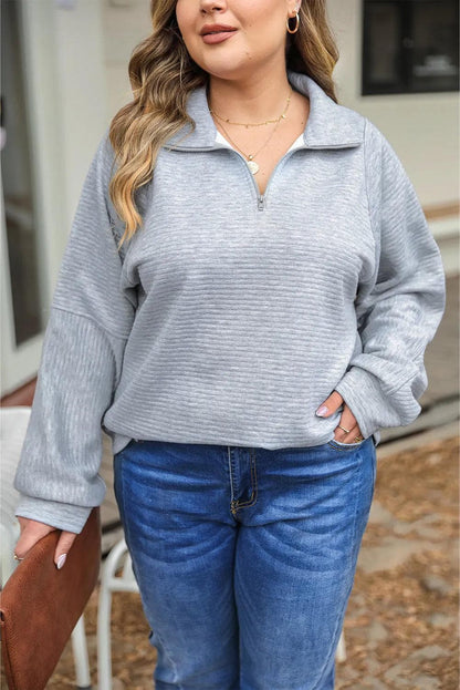 Plus Size/Plus Size Tops/Plus Size Long Sleeve Tops Light Grey Quarter Zipper Collared Ribbed Knit Plus Size Top