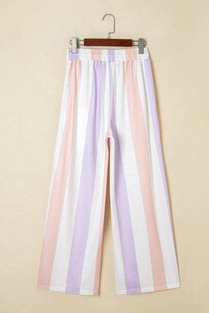 Purple Stripe Multicolored Print Drawstring Loose Pants with Side Pockets