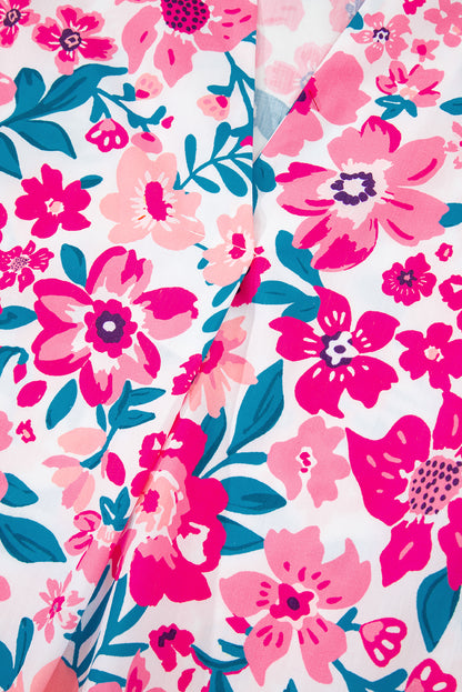 Pink Floral Print Contrast Striped Detail Short Sleeve Blouse