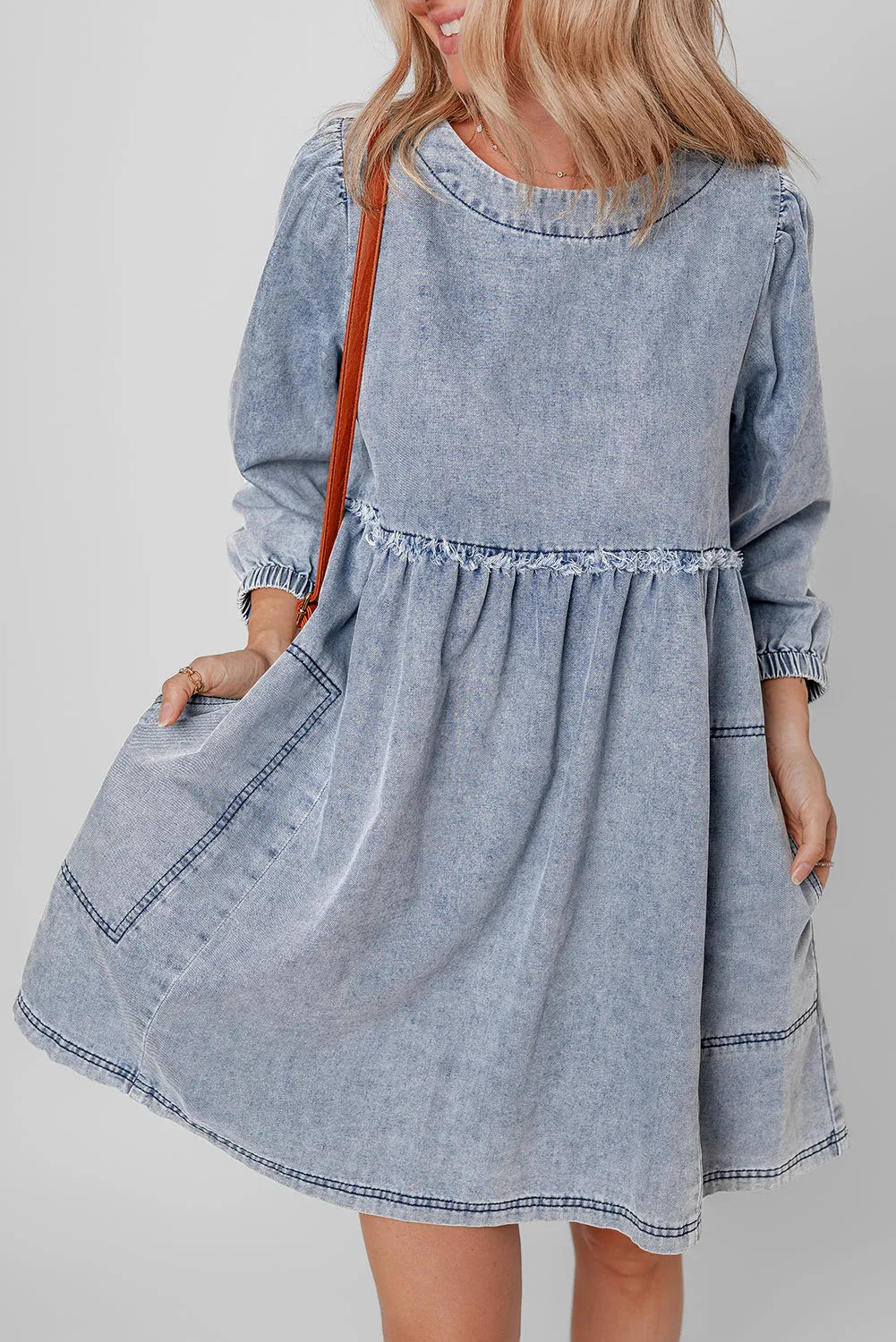 Beau Blue Light Wash High Waist Loose Fit Denim Mini Dress - Chic Meadow Boutique 