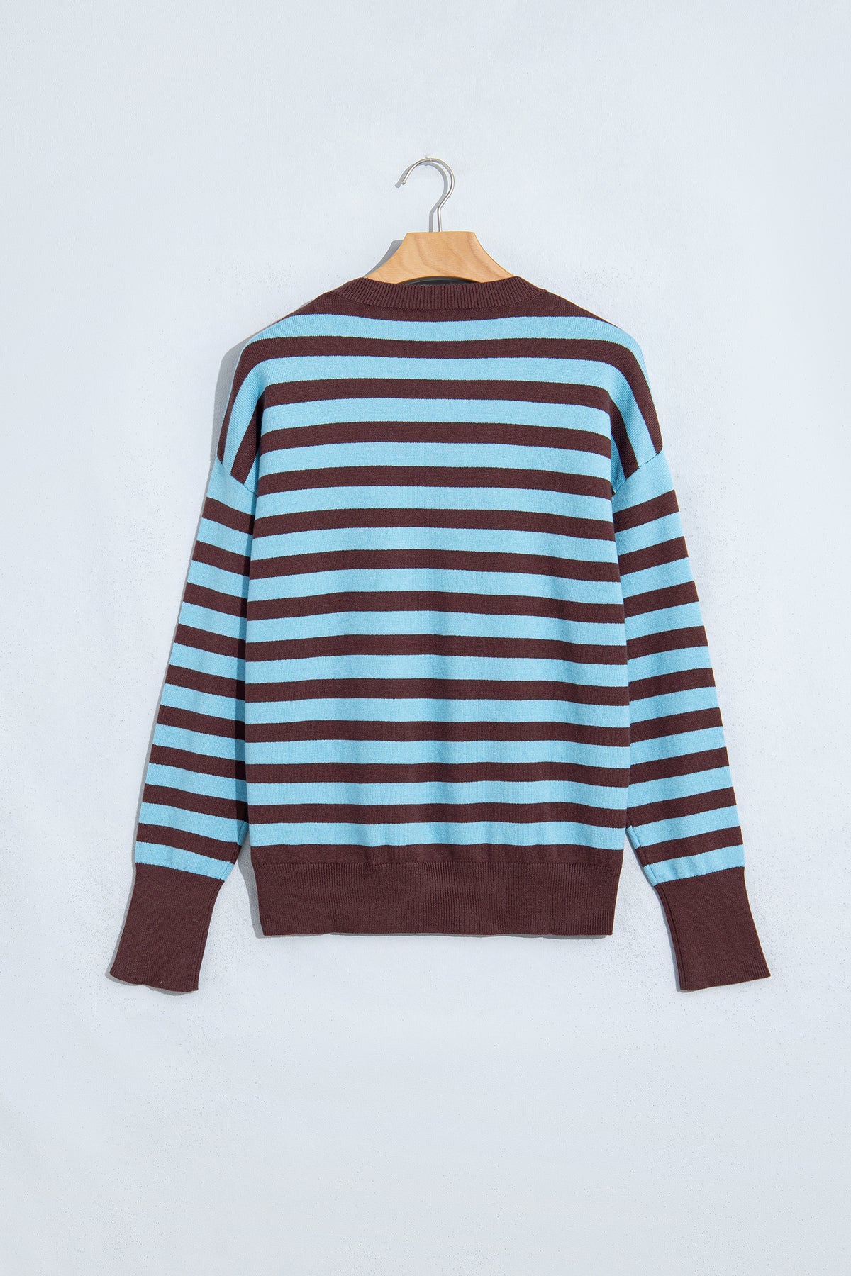 Brown Stripe Color Block Loose Crew Neck Cuffed Sweater