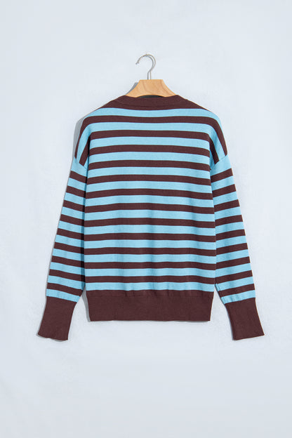 Brown Stripe Color Block Loose Crew Neck Cuffed Sweater