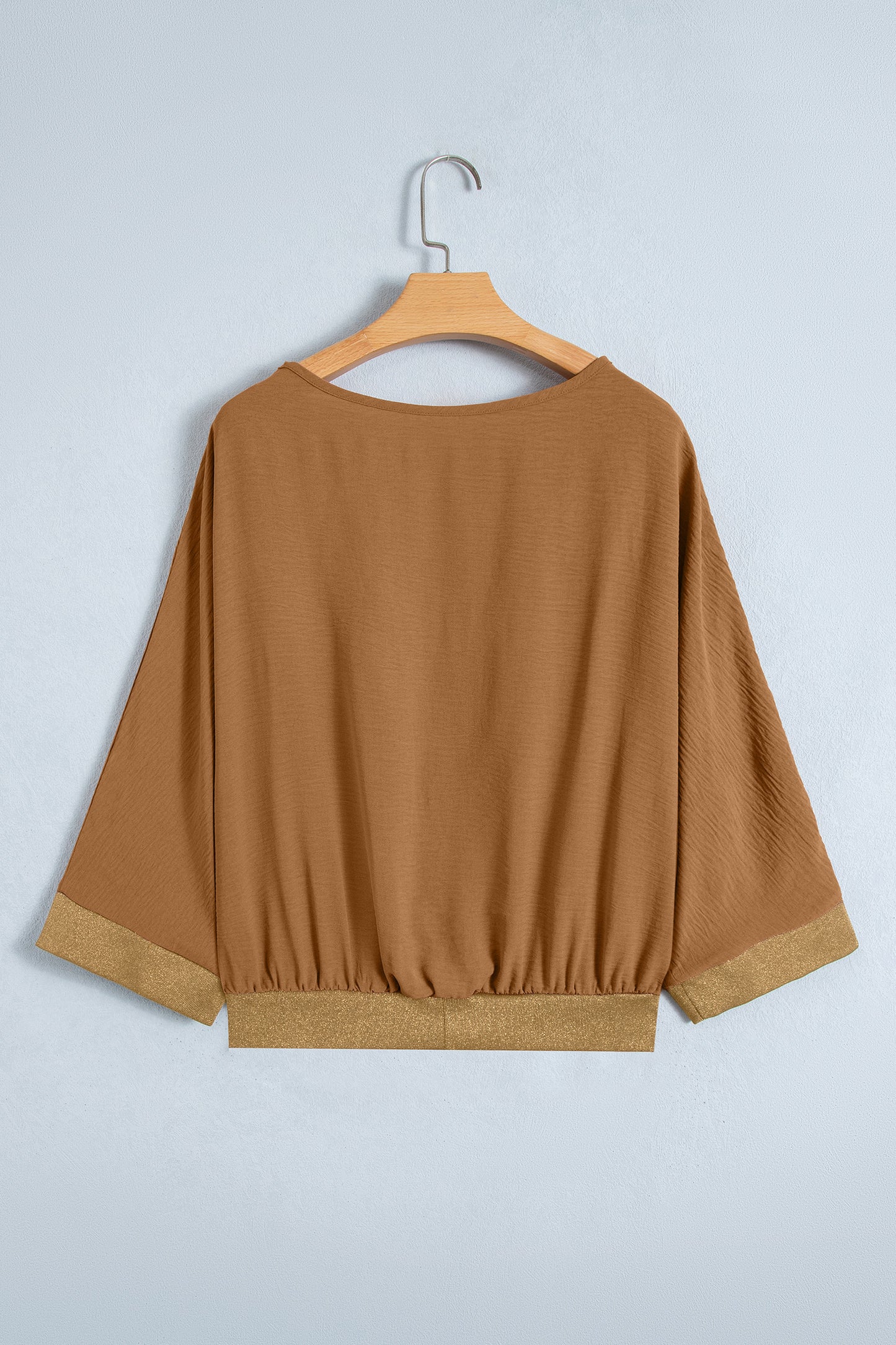 Brown V Neck Glitter Trim Patchwork Button-Front Blouse