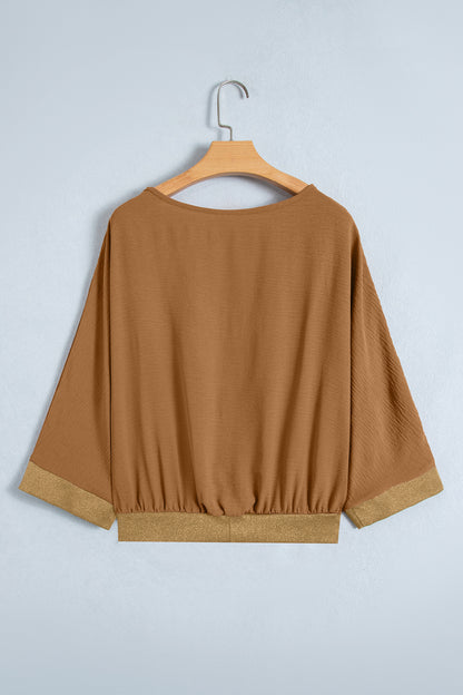 Brown V Neck Glitter Trim Patchwork Button-Front Blouse