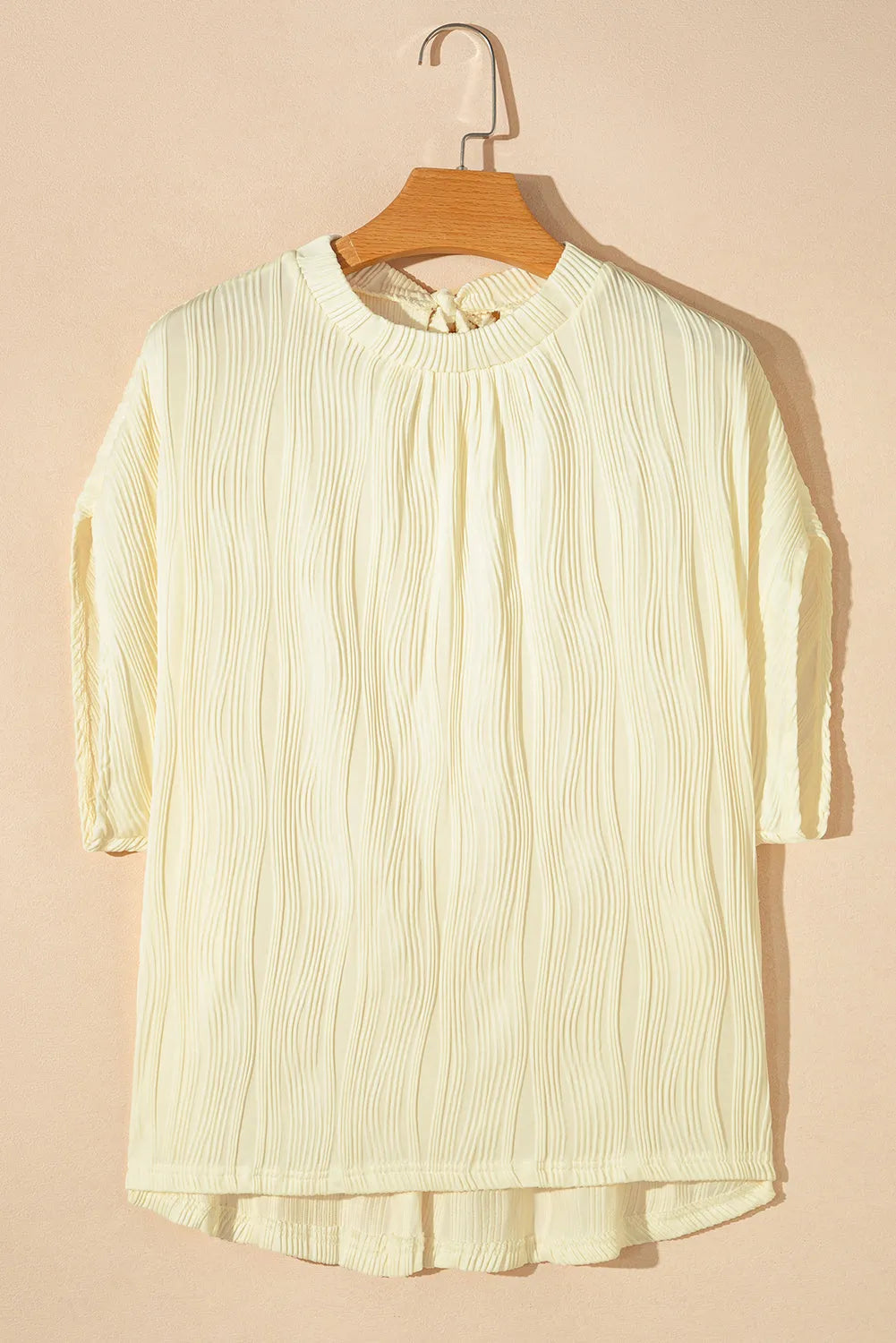 White Wavy Textured Split Sleeve High Neck Blouse - Chic Meadow Boutique 