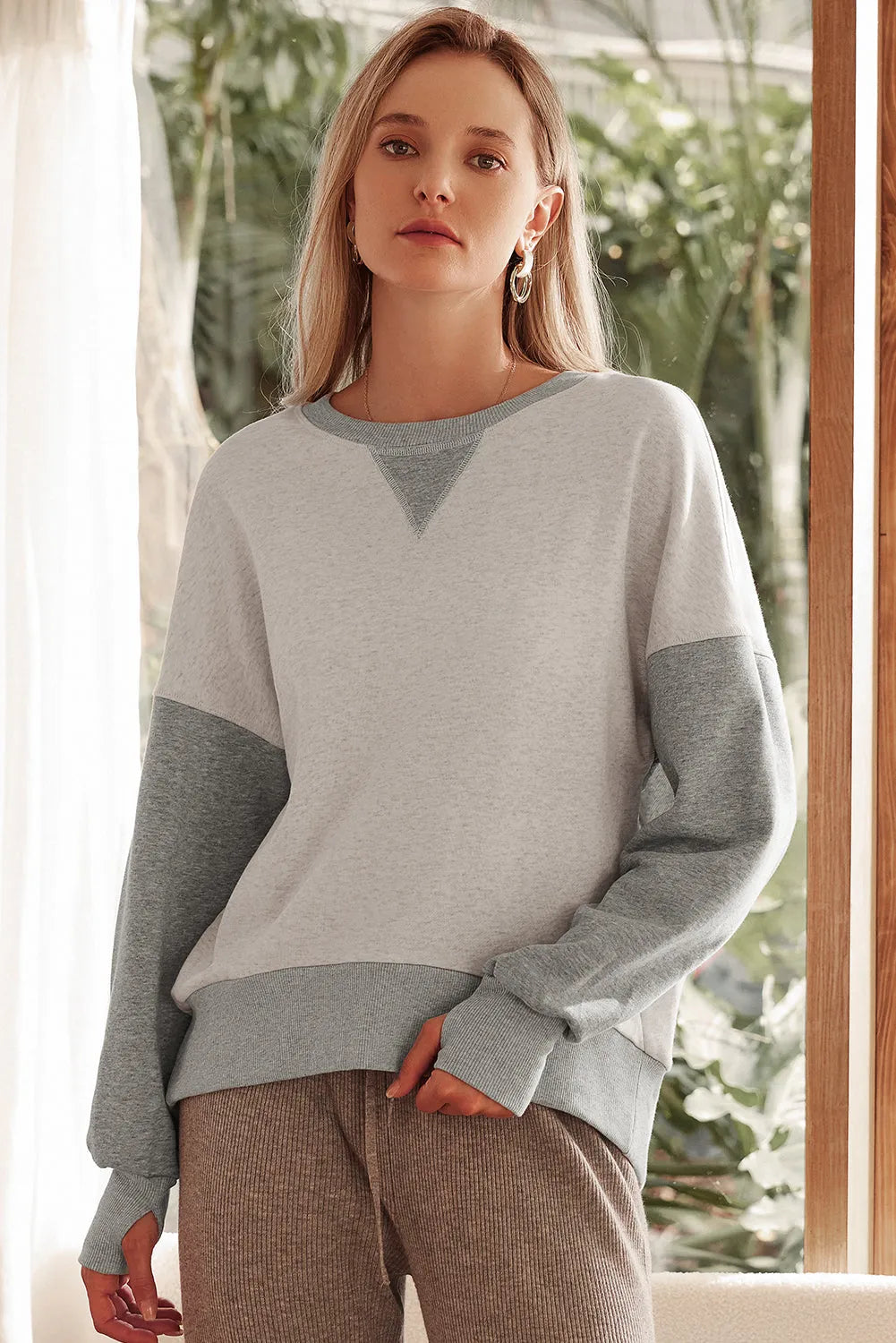 Light Grey Color Block Thumbhole Sleeve Drop Shoulder Sweatshirt - Chic Meadow Boutique 