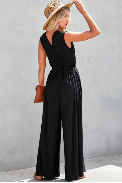 Black Deep V Pleated Crisscross Wide Leg Backless Jumpsuit - Chic Meadow Boutique 