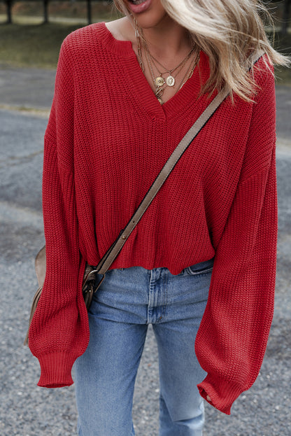 Racing Red Solid Textured Knit V Neck Drop Shoulder Sweater
