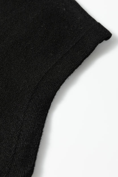 Black Solid Color Crew Neck Knit Cap Sleeve Sweater