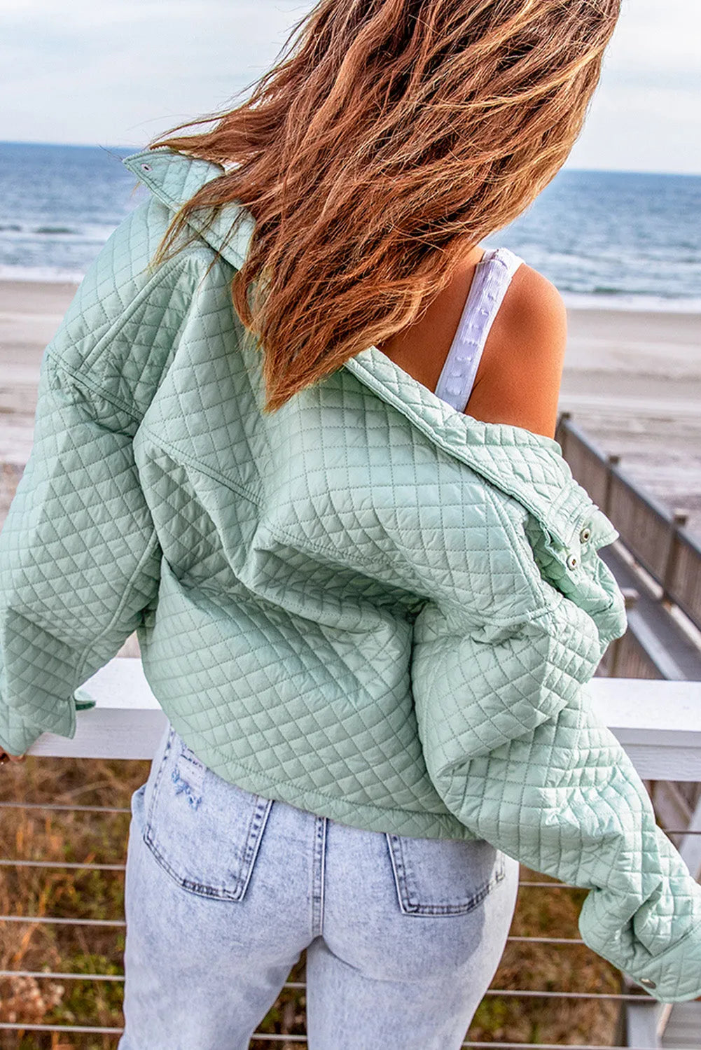 Green Quilted Pocketed Zip-up Cropped Jacket - Chic Meadow Boutique 