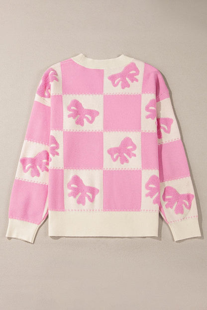 Sweaters & Cardigans/Cardigans Pink Bowknot Checkered Pattern V Neck Drop Shoulder Button Up Cardigan