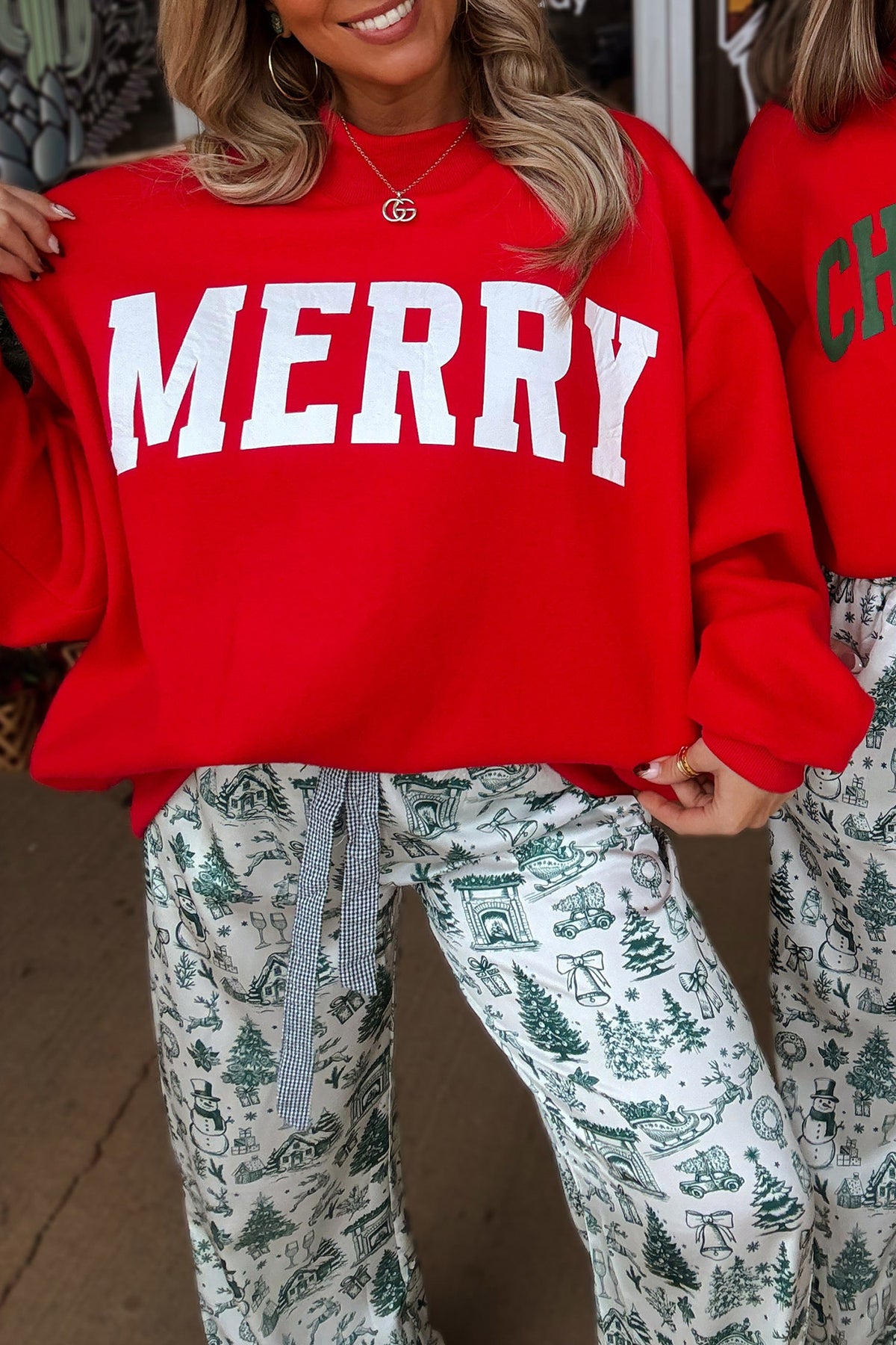Fiery Red MERRY/CHRISTMAS Reversible Print Mock Neck Baggy Pullover Sweatshirt