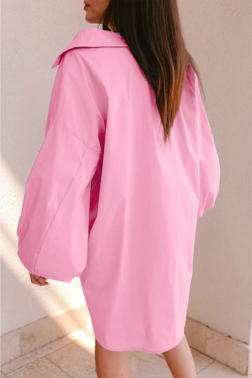 Bright Pink Balloon Sleeve Button Up Mini Shirt Dress - Chic Meadow Boutique 