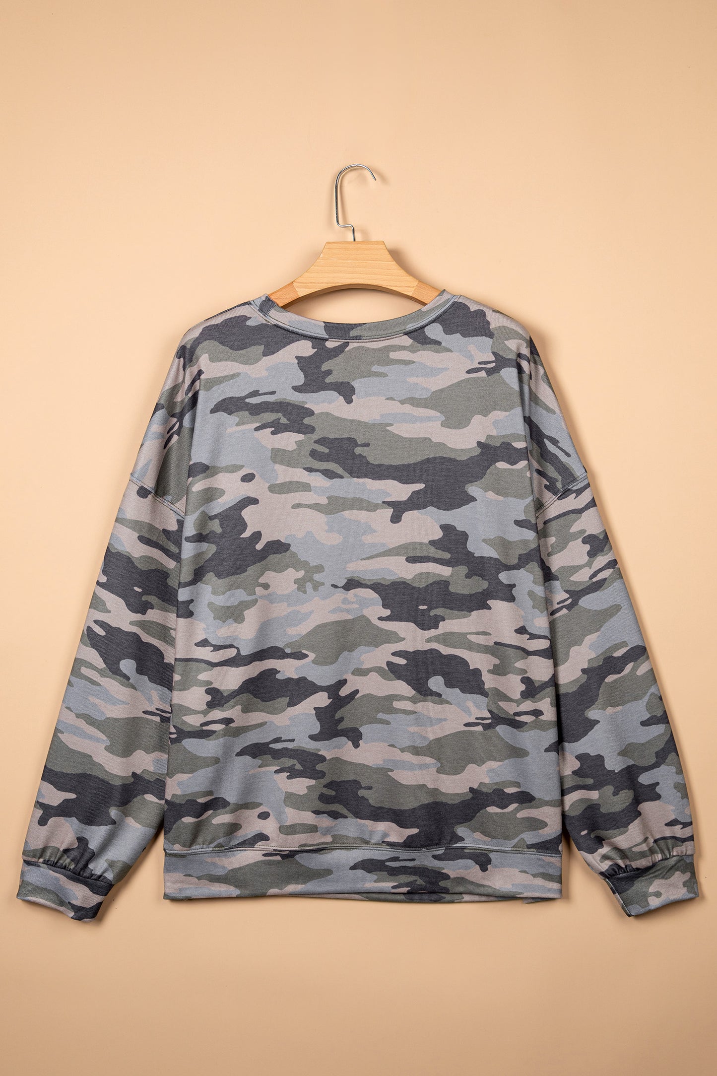 Green Camo Print Long Sleeve Plus Size Blouse