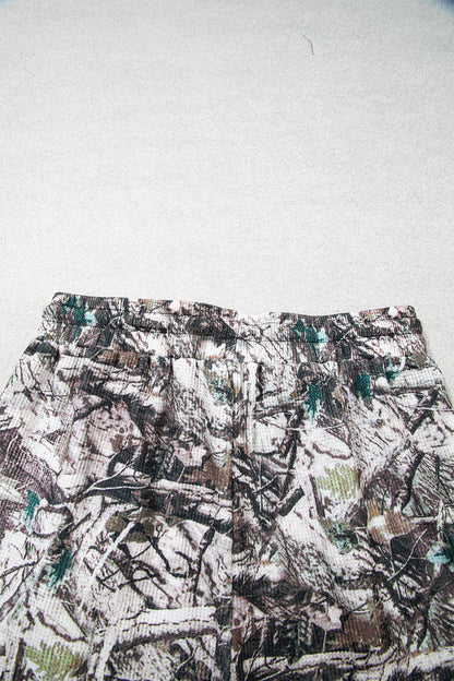 Brown Camo Long Sleeve Top Elastic Waist Shorts Two Piece Set