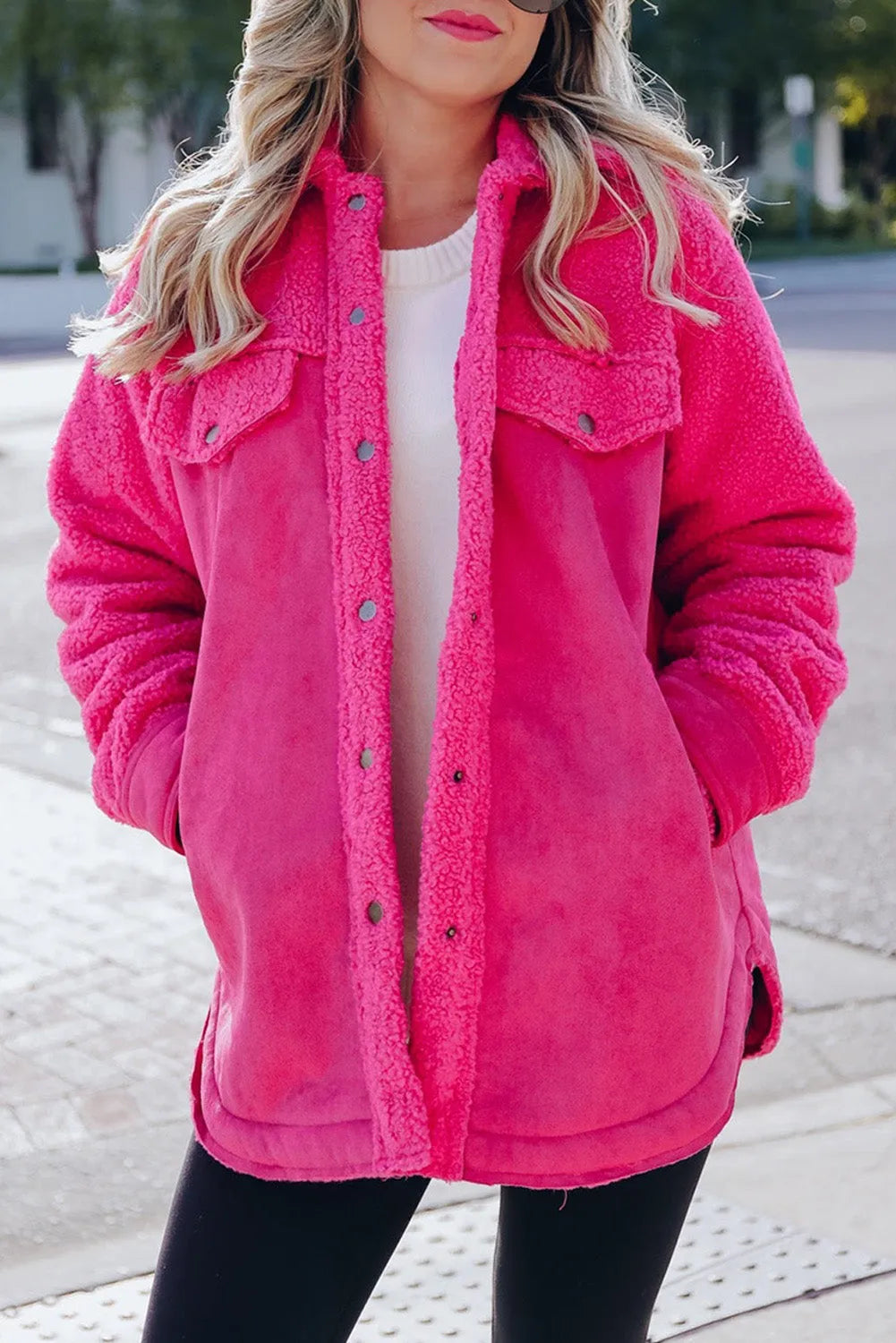 Bright Pink Faux Suede Sherpa Patchwork Button-up Shacket - Chic Meadow Boutique 