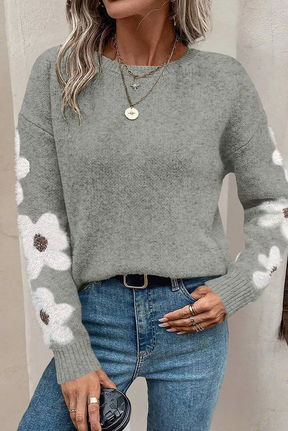 Light Grey Flower Sleeve Drop Shoulder Sweater - Chic Meadow Boutique 