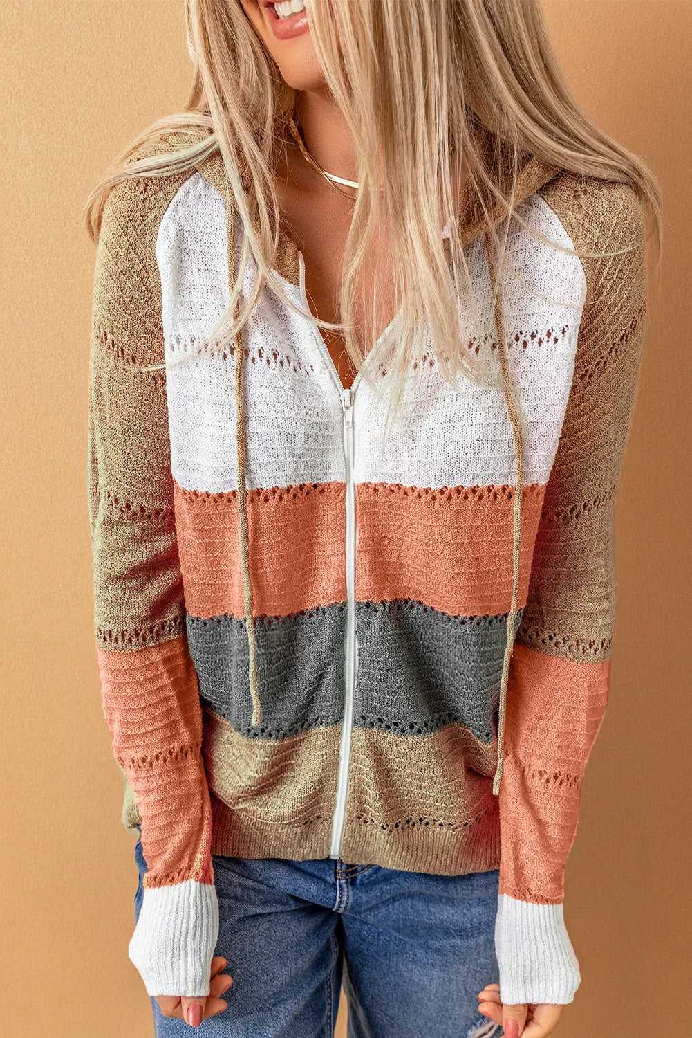 Multicolor Zipped Front Colorblock Hollow-out Knit Hoodie - Chic Meadow Boutique 