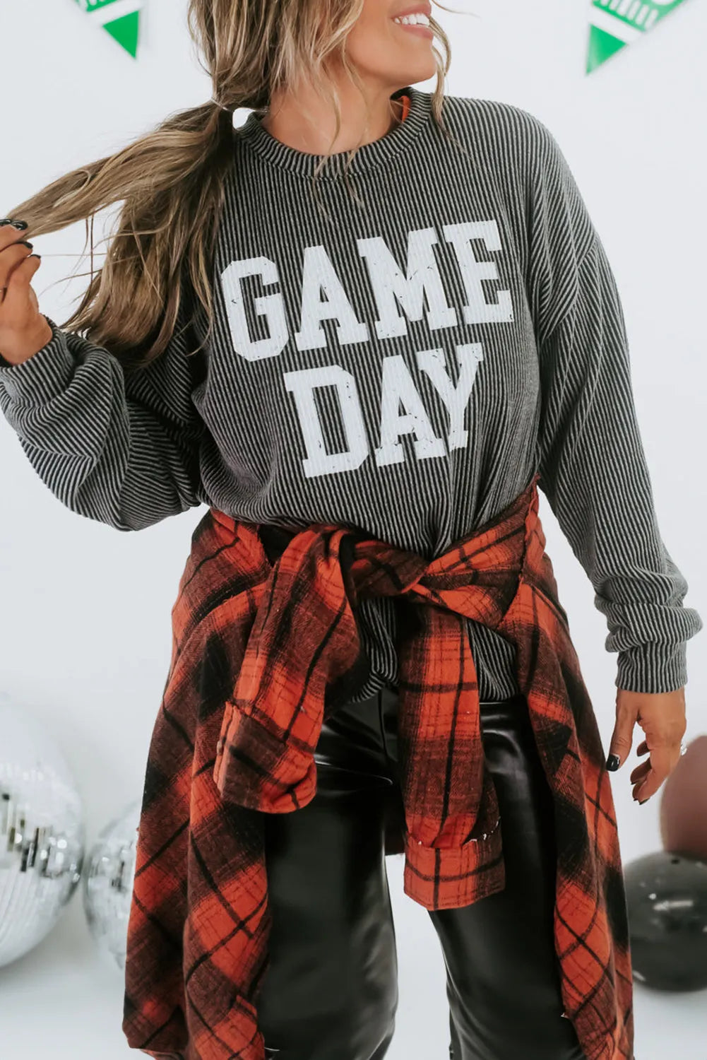 Dark Grey Corded GAME DAY Graphic Long Sleeve Crewneck Top - Chic Meadow Boutique 