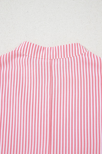 Pink Stripe Notched Neck Frilled Short Puff Sleeve Blouse