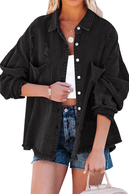 Black Distressed Fringe Trim Denim Jacket - Chic Meadow Boutique 