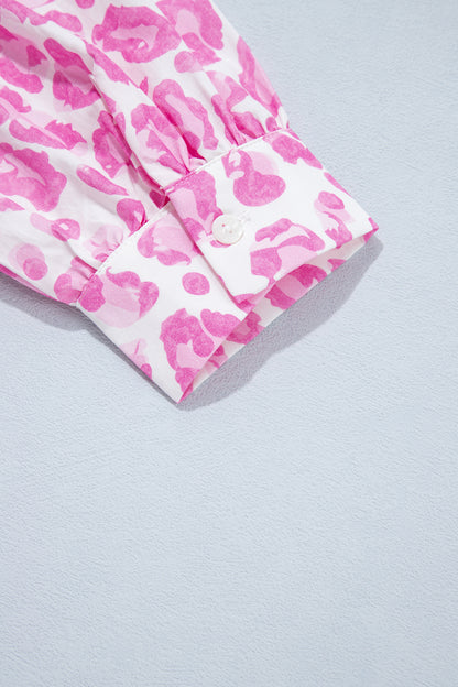Pink Abstract Leopard Print Tie Waist Puff Sleeve Mini Shirt Dress
