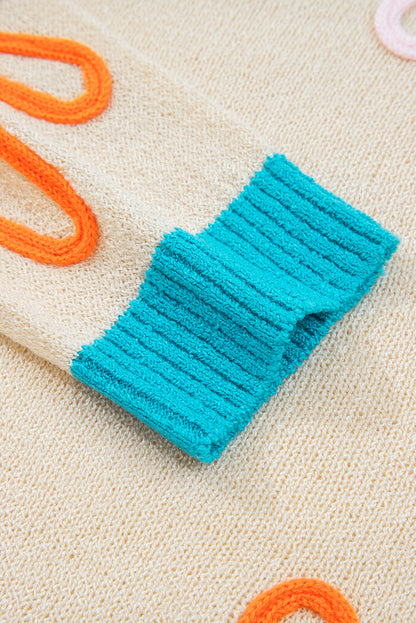 Jet Stream Contrast Flower Detail Colorblock Cuffed Loose Sweater