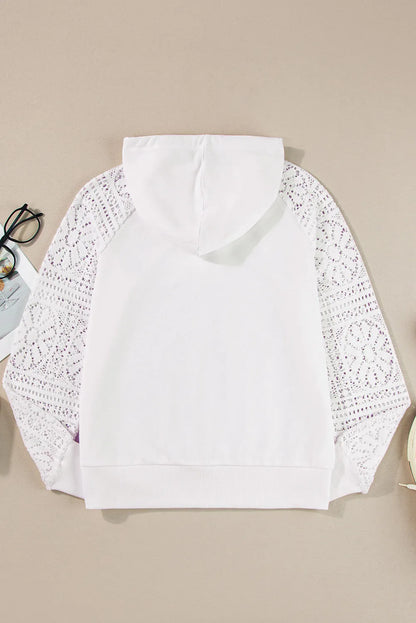 White Lace Patchwork Sleeve Drawstring Hoodie - Chic Meadow Boutique 